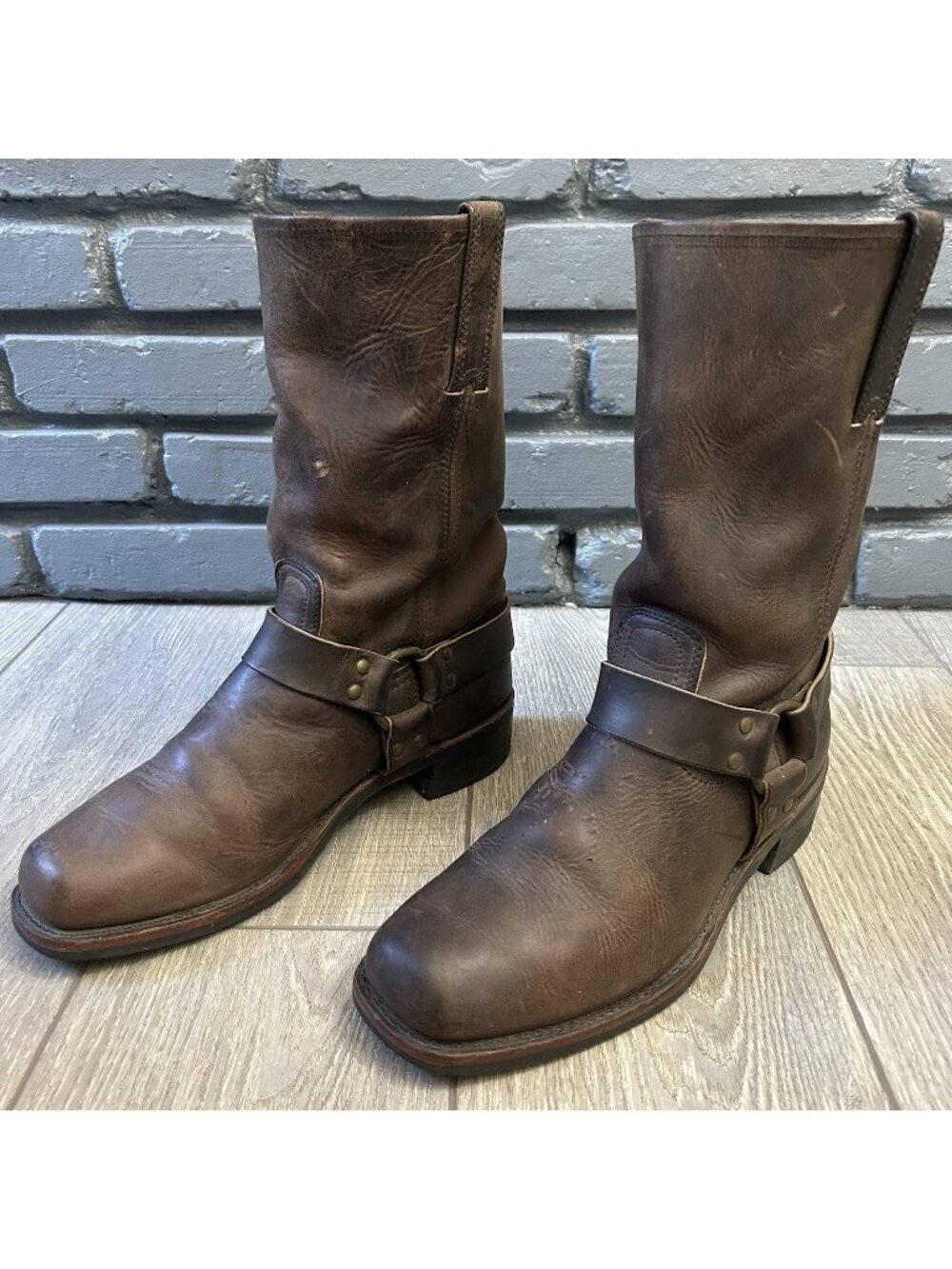 Frye Buckle Harness Brown Square Toe Moto Boots Mens 12 M